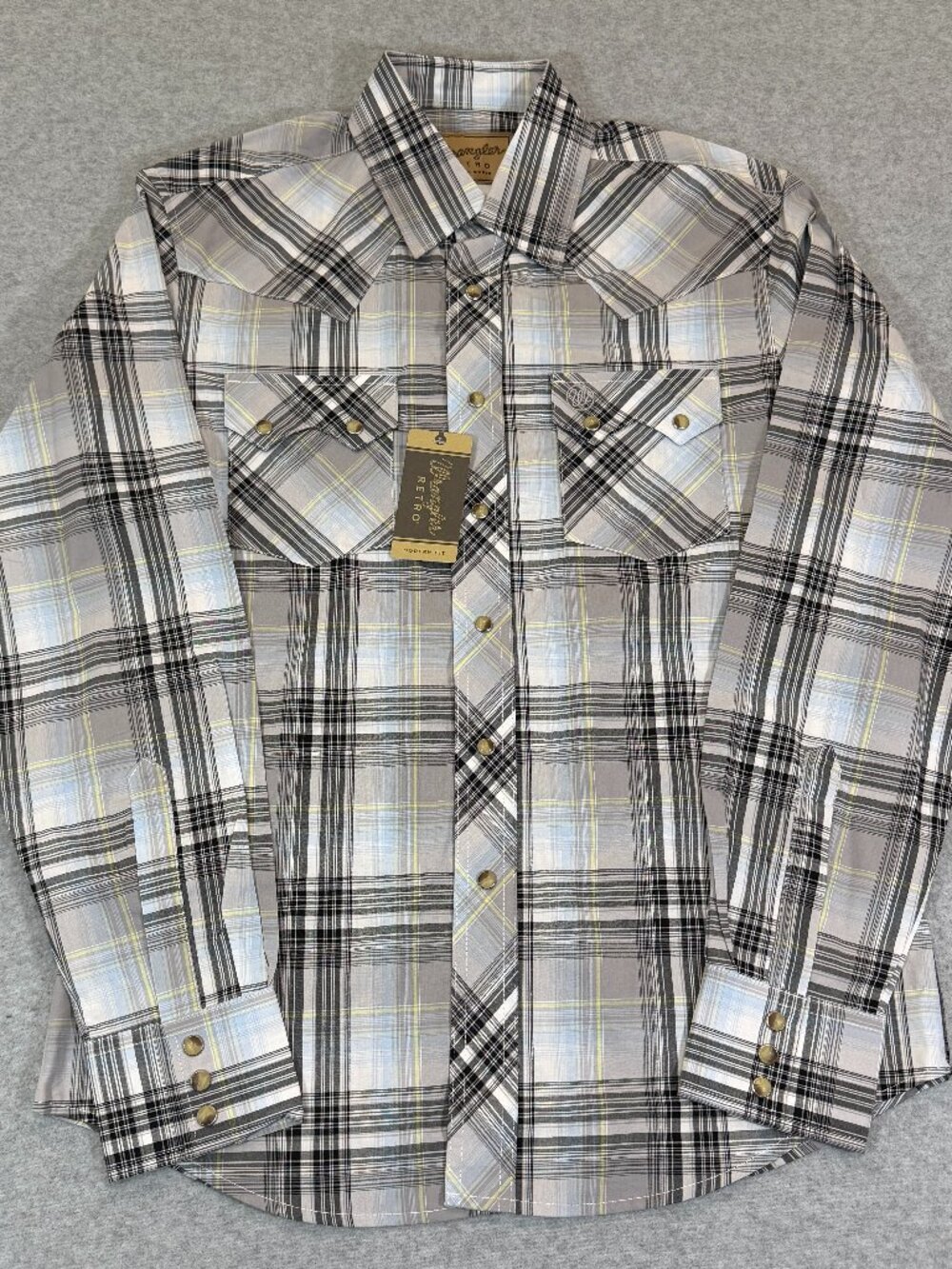 Wrangler Retro Mens Modern Fit Western Snap Plaid Long Sleeve Shirt Gray NWT
